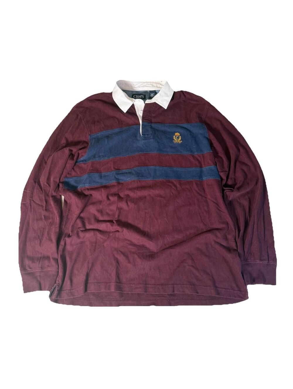 VTG CHAPS RALPH LAUREN Mens XL Rugby Shirt Long Sleeve Maroon Striped Crest
